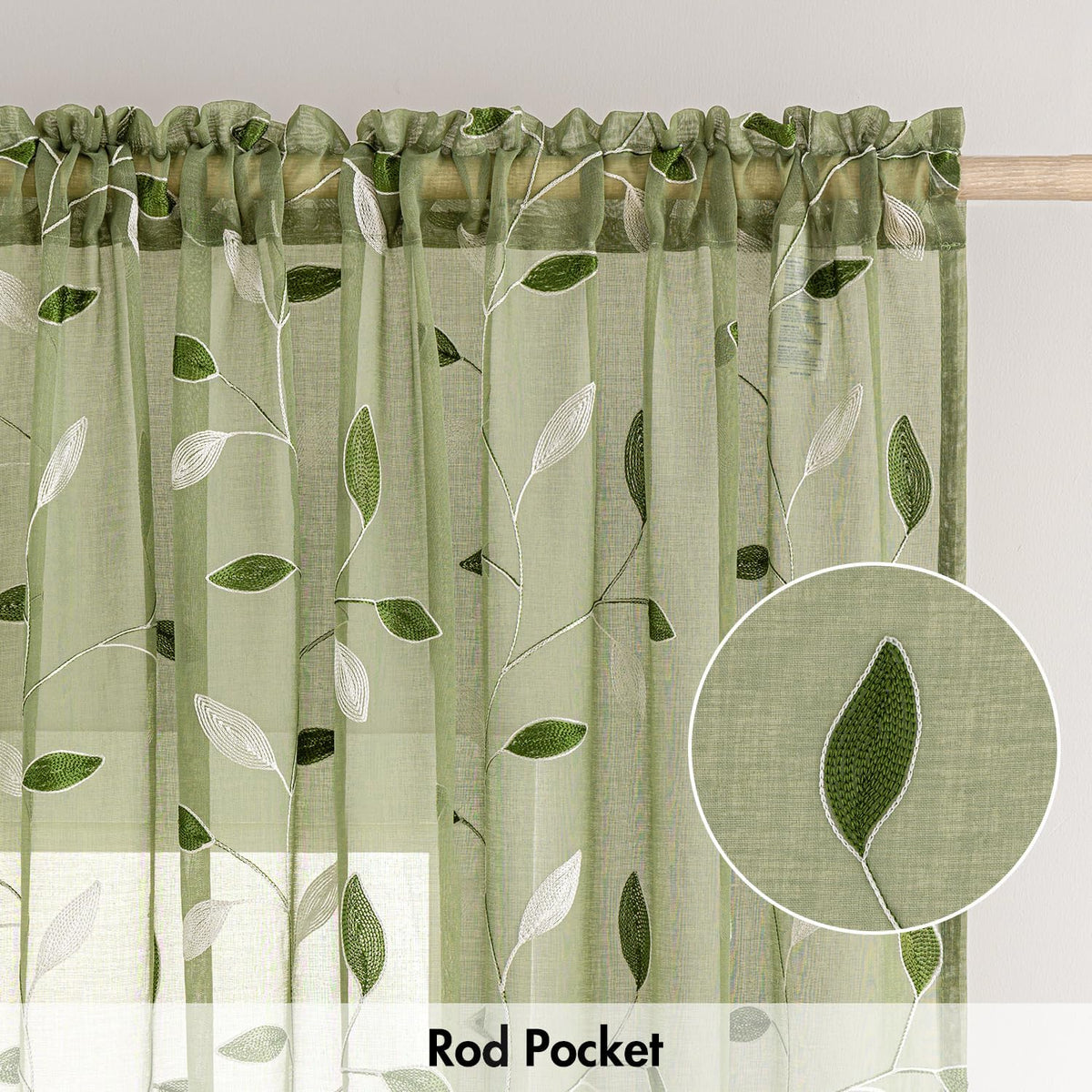 MIULEE Sage Green Sheer Curtains 2 Panels Leaf Patterned, W52 x L84