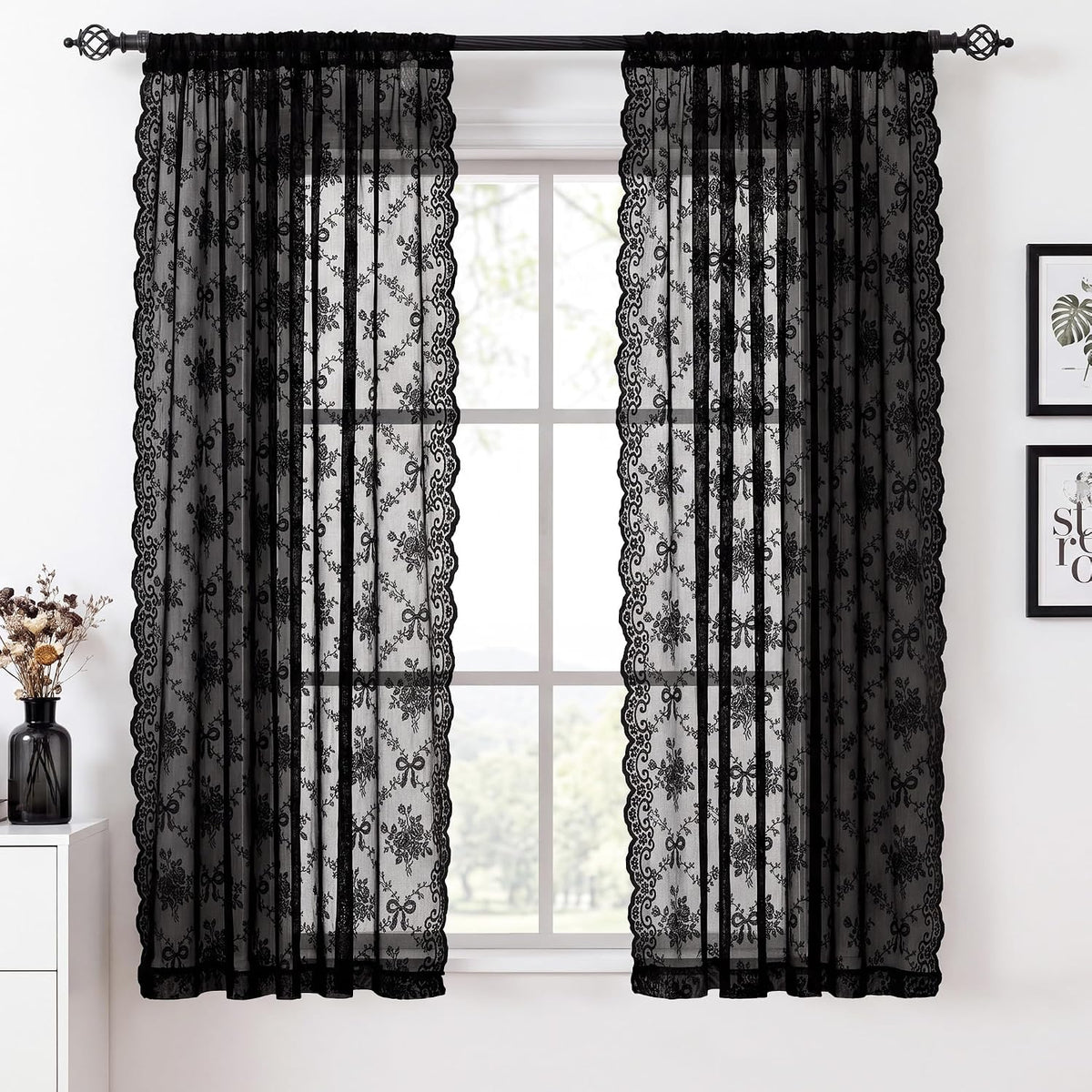 PONY DANCE Black Sheer Lace Curtains 63 Inches Long, 2 Panels, 52W x 63L