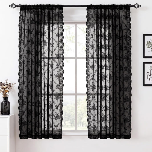 PONY DANCE Black Sheer Lace Curtains 63 Inches Long, 2 Panels, 52W x 63L
