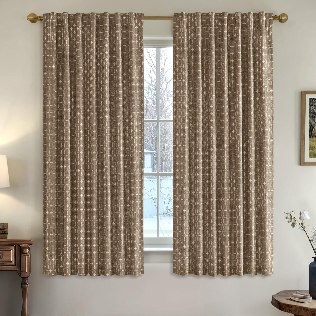 MIULEE Christmas Farmhouse Linen Curtains, Back Tab, 52Wx84L, Olive Green