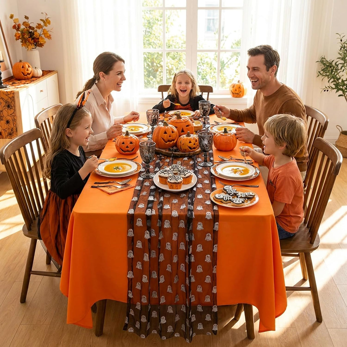 120'' x 29'' Halloween Mesh Ghost Table Runner, Black Sheer Gauze Tulle