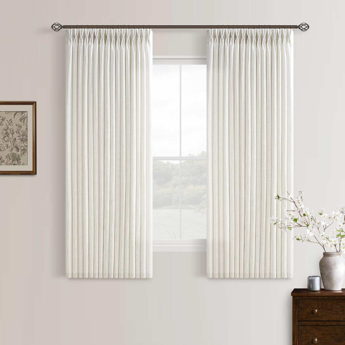 Natural Pinch Pleated Linen Blend Semi Sheer Window Curtains 90 Inches Long
