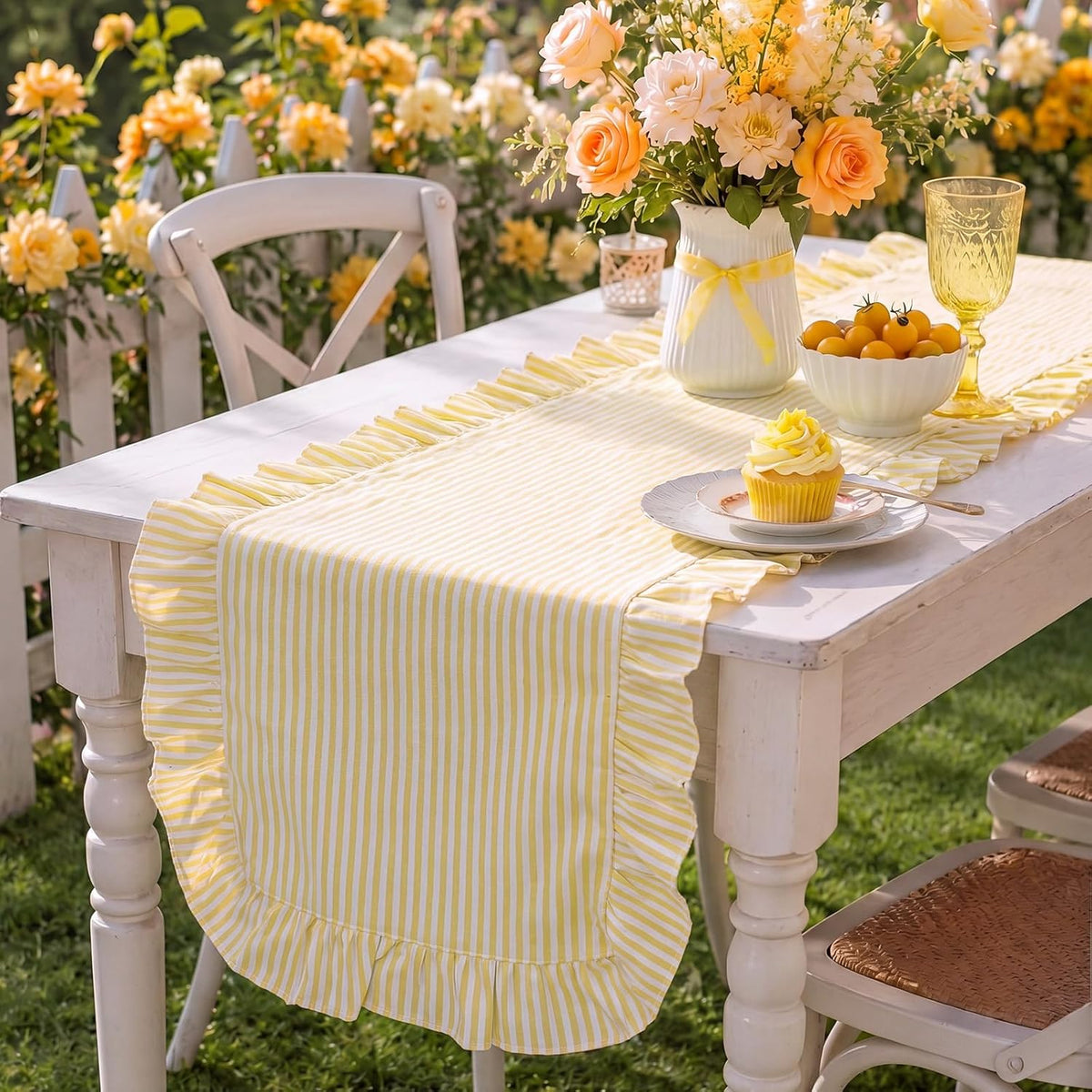 Ruffled Table Runner, Vertical Stripe Yellow, Natural Cotton