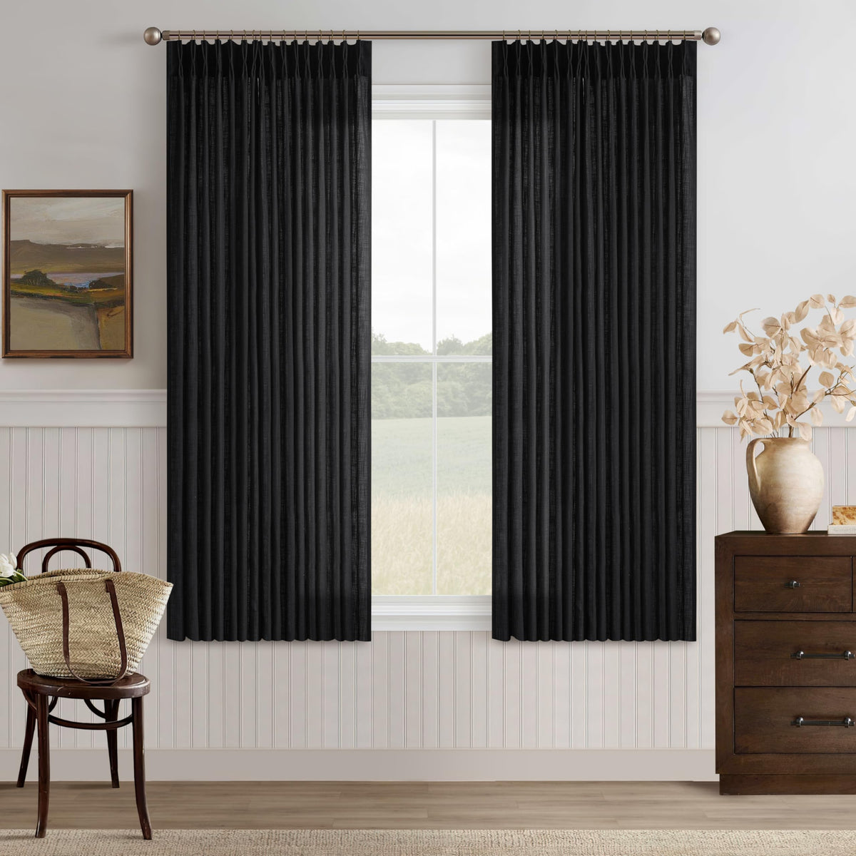 Natural Pinch Pleated Linen Blend Semi Sheer Window Curtains 90 Inches Long
