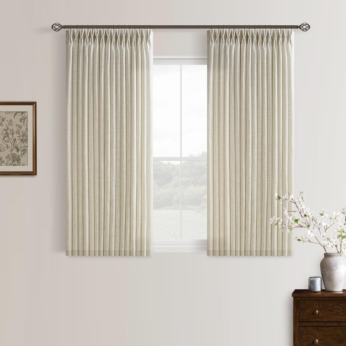 Natural Pinch Pleated Linen Blend Semi Sheer Window Curtains 90 Inches Long