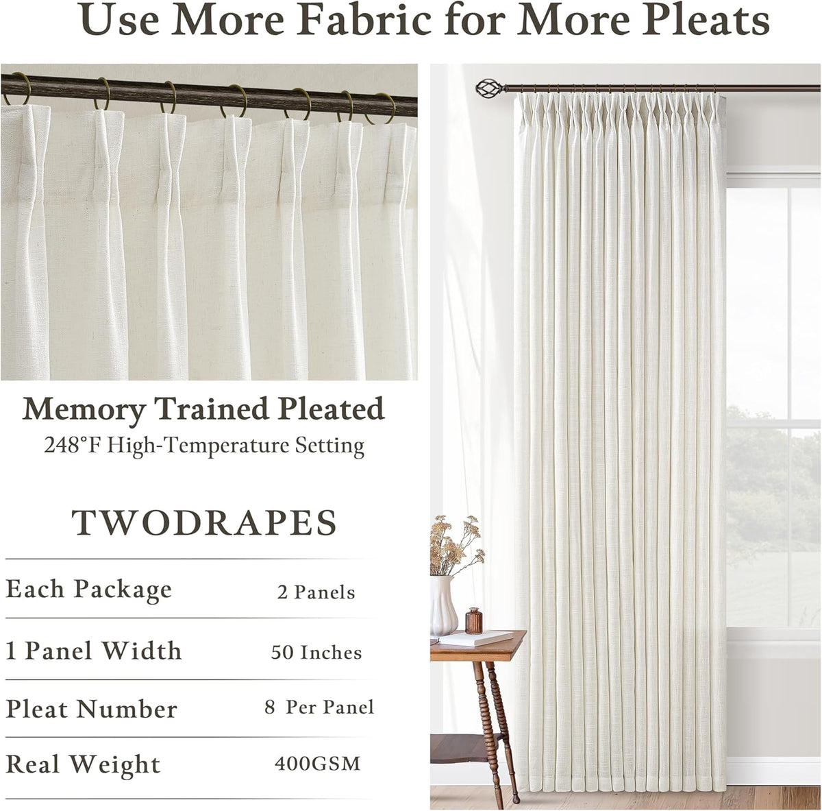 Natural Pinch Pleated Linen Blend Semi Sheer Window Curtains 90 Inches Long