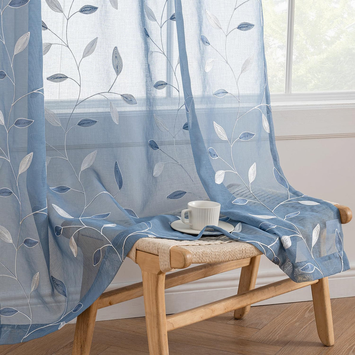 MIULEE Sage Green Sheer Curtains 2 Panels Leaf Patterned, W52 x L84