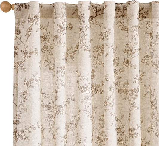 Lazzzy Taupe Vintage Floral Linen Curtains Farmhouse 50W X 63L 2 Panels