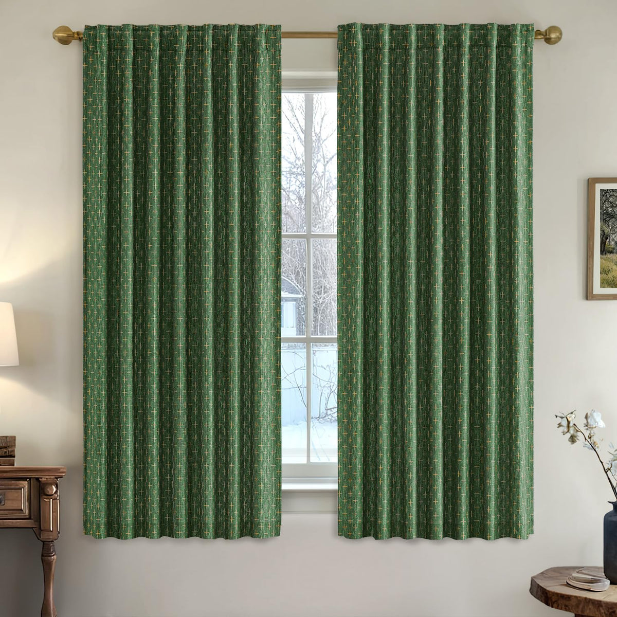 MIULEE Christmas Farmhouse Linen Curtains, Back Tab, 52Wx84L, Olive Green