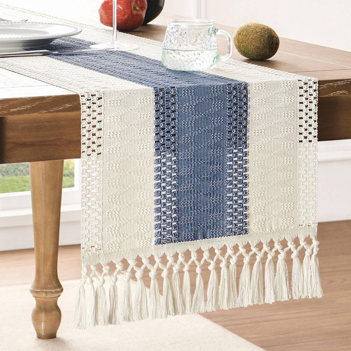 ZeeMart Macrame Style Bicolor Stitching Table Runner 14x72in Green