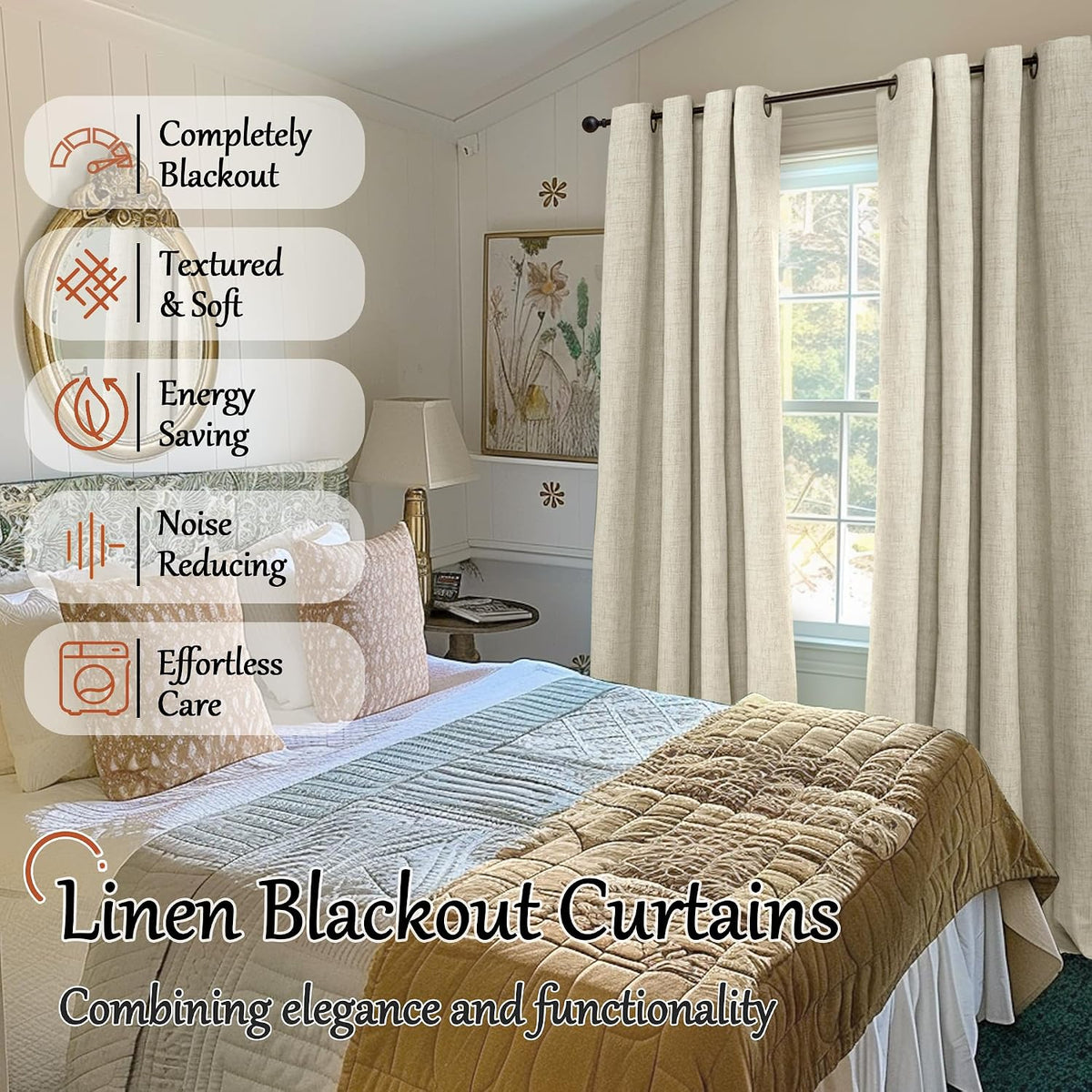 Lajode Natural Linen Blackout Curtains for Bedroom - 52x84 Inch 2 Panels