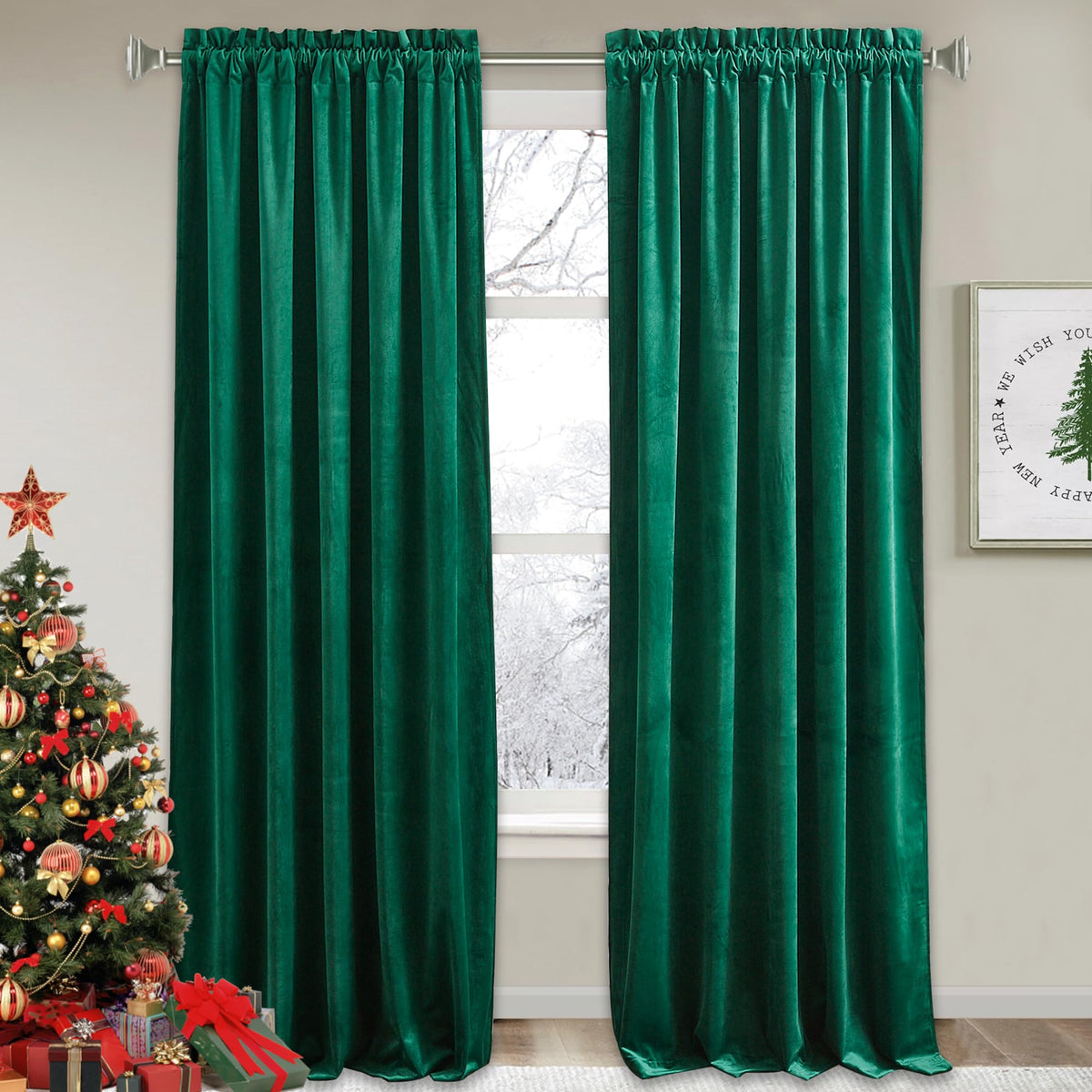 RYB HOME Green Velvet Blackout Curtains 84 inches for Bedroom Living Room