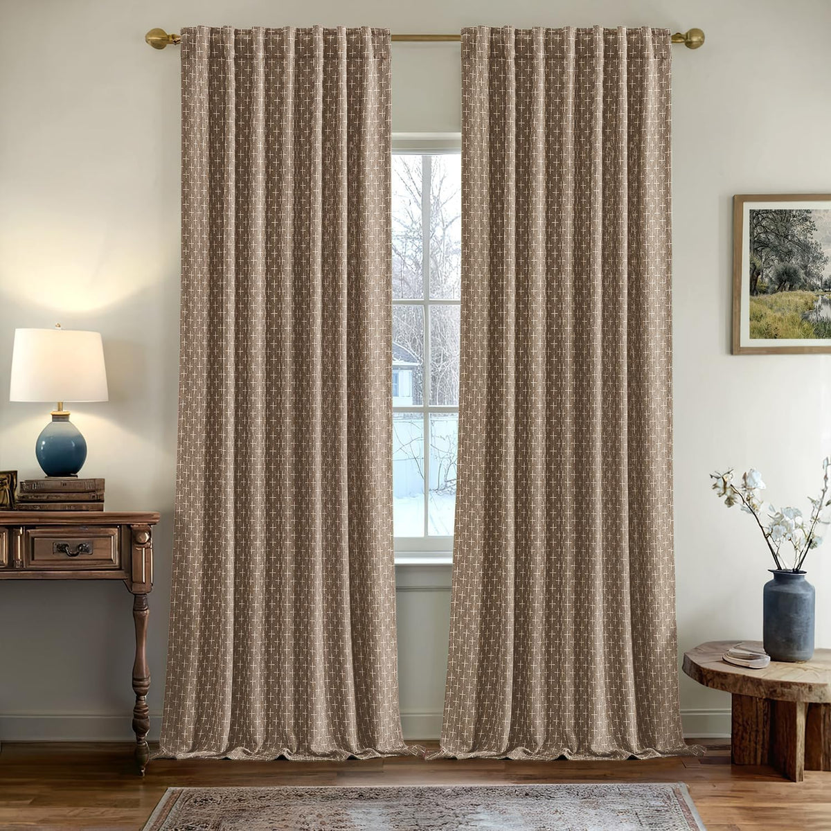 MIULEE Christmas Farmhouse Linen Curtains, Back Tab, 52Wx84L, Olive Green