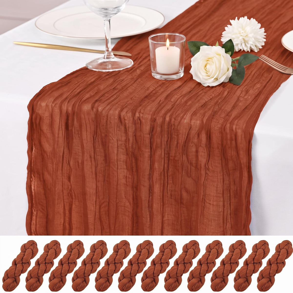12 Pack Dusty Rose Cheesecloth Table Runner 17x108 Inch Boho Rustic Semi Sheer Gauze Cheese Cloth Table Runner for Wedding Bridal Shower Baby Shower Party Farmhouse Dining Table Decor