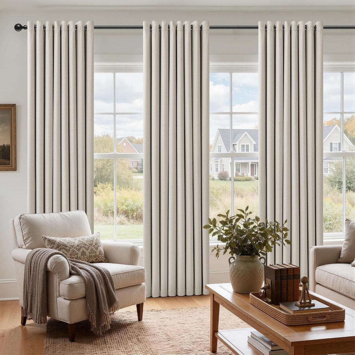 Natural Ivory 100% Blackout Grommet Linen Curtains 90 Inch Long 2 Panels