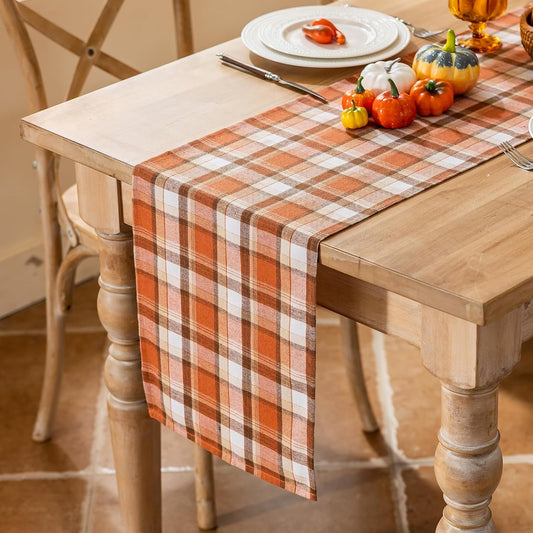 Thanksgiving Rust Tartan Table Runner - 13x120 Inch Fall & Halloween Decor, Scratch-Proof Washable Plaid Table Decoration for Dining/Kitchen Buffet