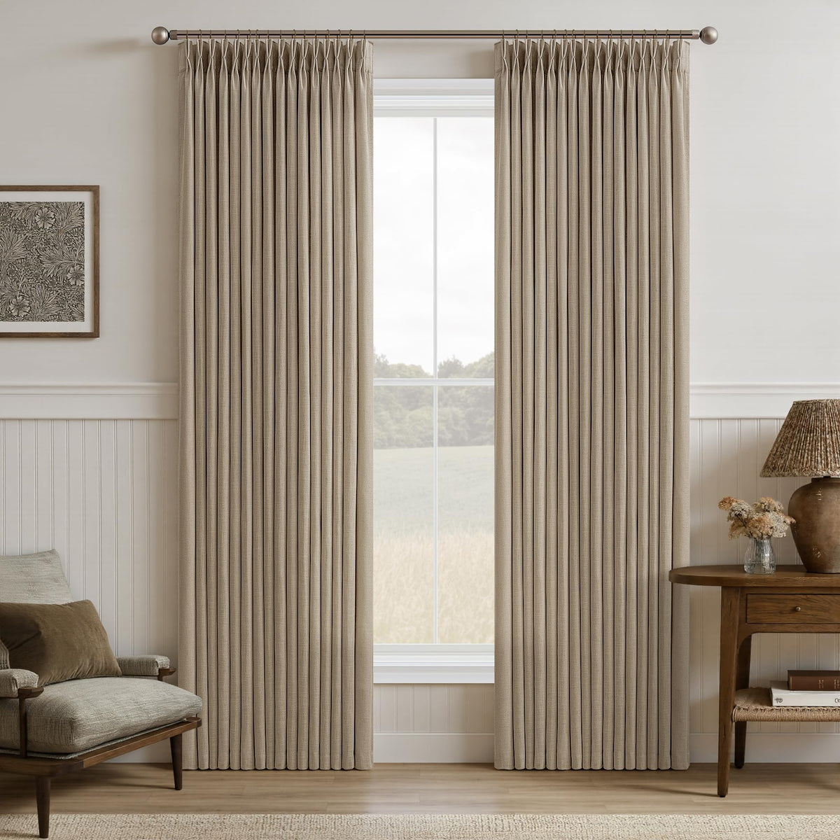 Natural Pinch Pleated Linen Blend Semi Sheer Window Curtains 90 Inches Long