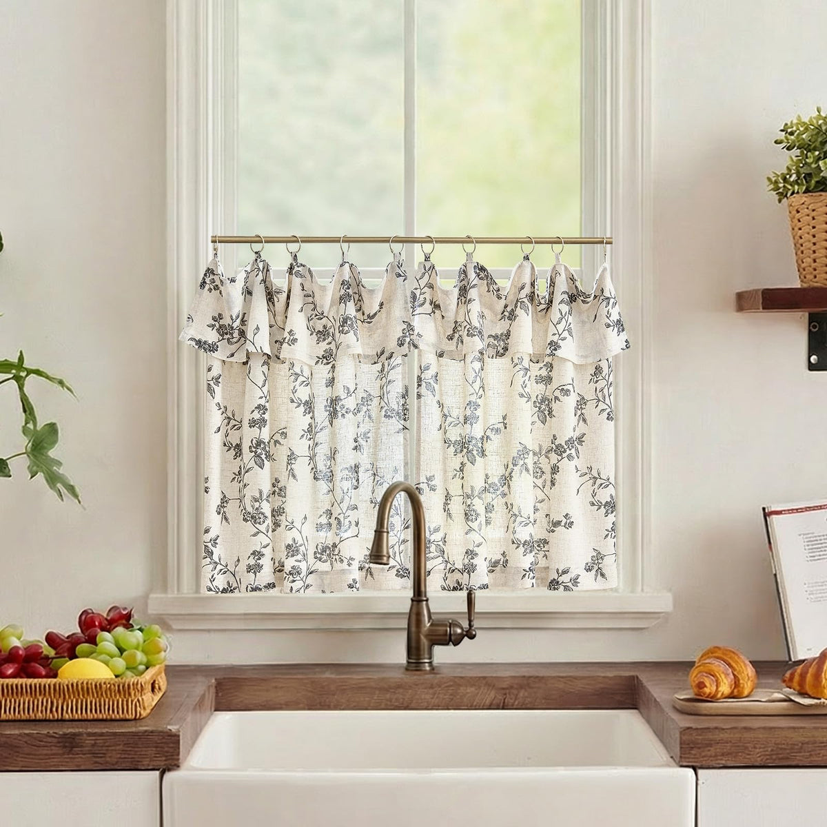 jinchan Floral Linen Kitchen Tier Curtains, 36 Inch, 2 Panels, Green