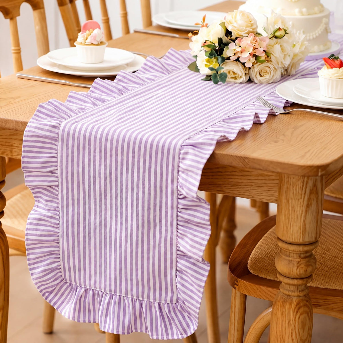 Ruffled Table Runner, Vertical Stripe Yellow, Natural Cotton