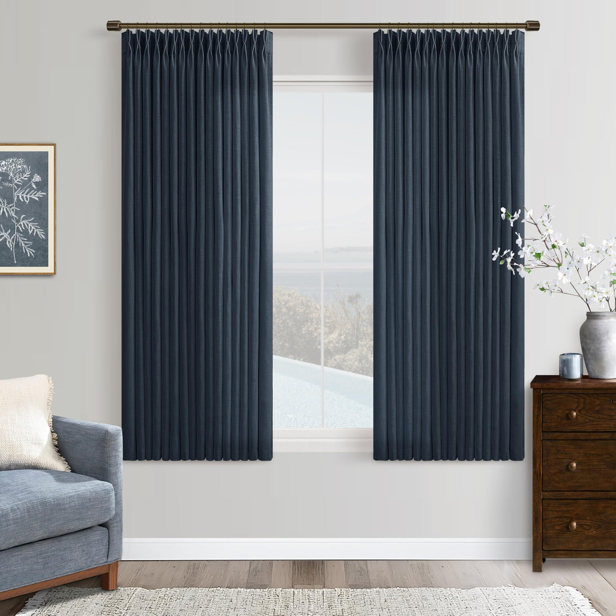 Natural Pinch Pleated Linen Blend Semi Sheer Window Curtains 90 Inches Long