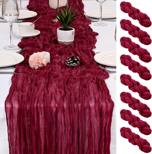 8 Pack Burgundy Cheesecloth Table Runner 17x108 inch Boho Gauze Cheese Cloth Table Runners for Wedding Party Baby Bridal Shower Home Decor