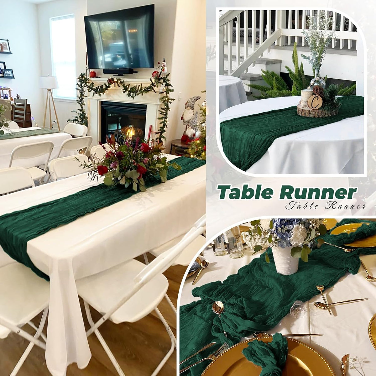 12 Pack Emerald Green Cheesecloth Table Runner 20 x 120 Inch Gauze Table Runner Fabric Semi Sheer Cheese Cloth Table Decor Bulk for Rustic Romantic Wedding Baby Shower Party Table Decoration