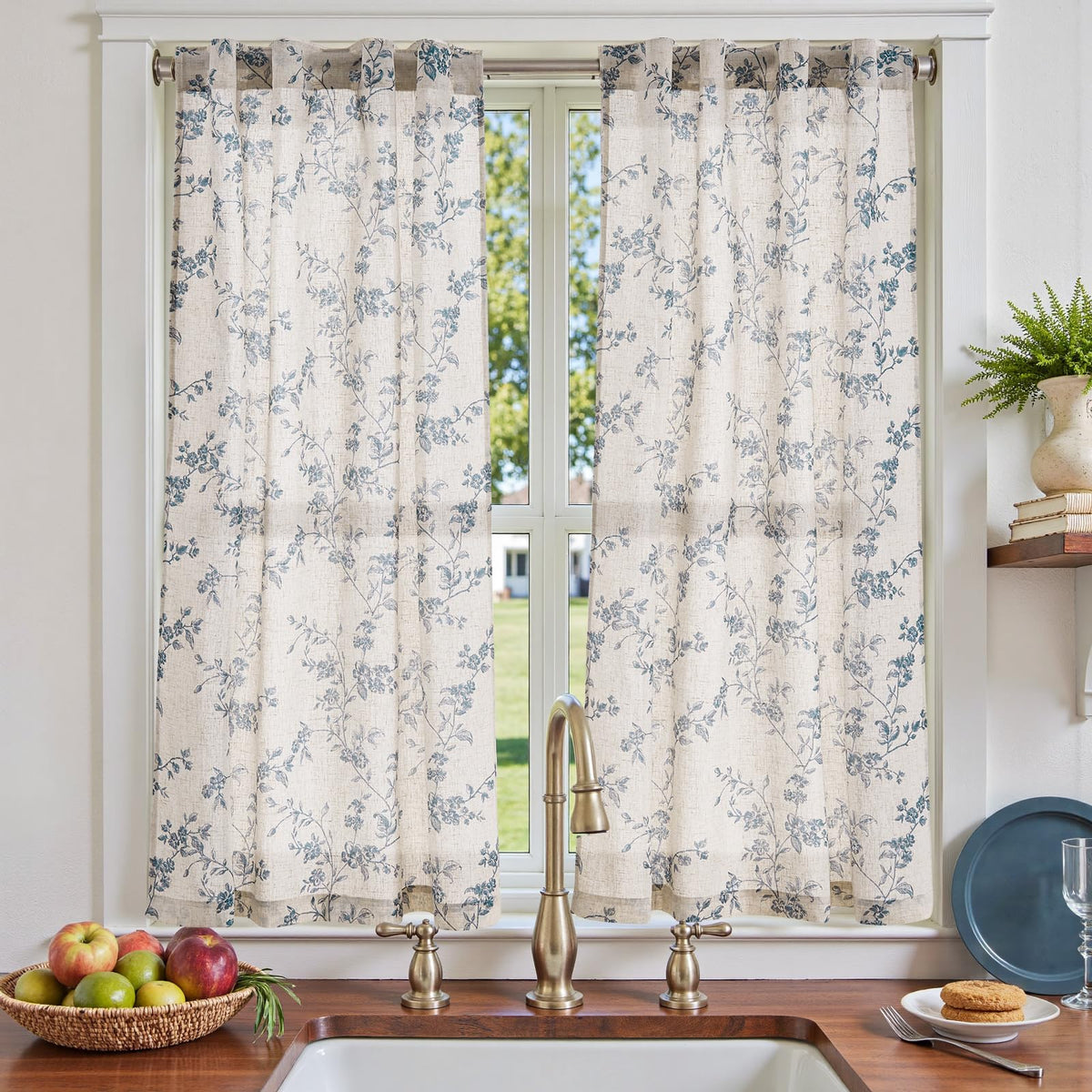 jinchan Floral Linen Kitchen Tier Curtains, 36 Inch, 2 Panels, Green