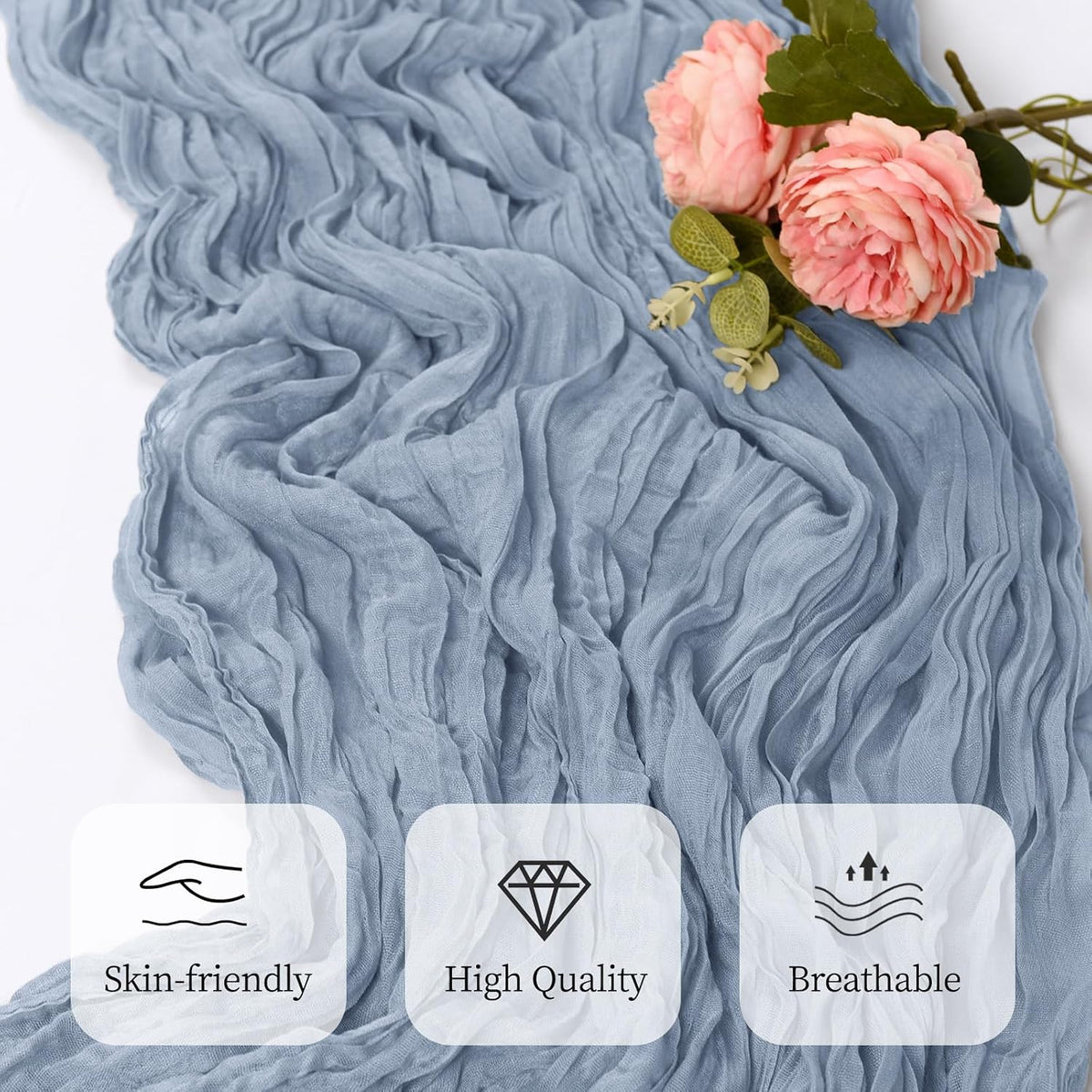 12 Pack Dusty Blue Cheesecloth Table Runner 17x108 Inch Semi Sheer Boho Gauze Cheese Cloth Fabric Table Runners, for Wedding Party Baby Shower Birthday Home Decor Garden Farmhouse