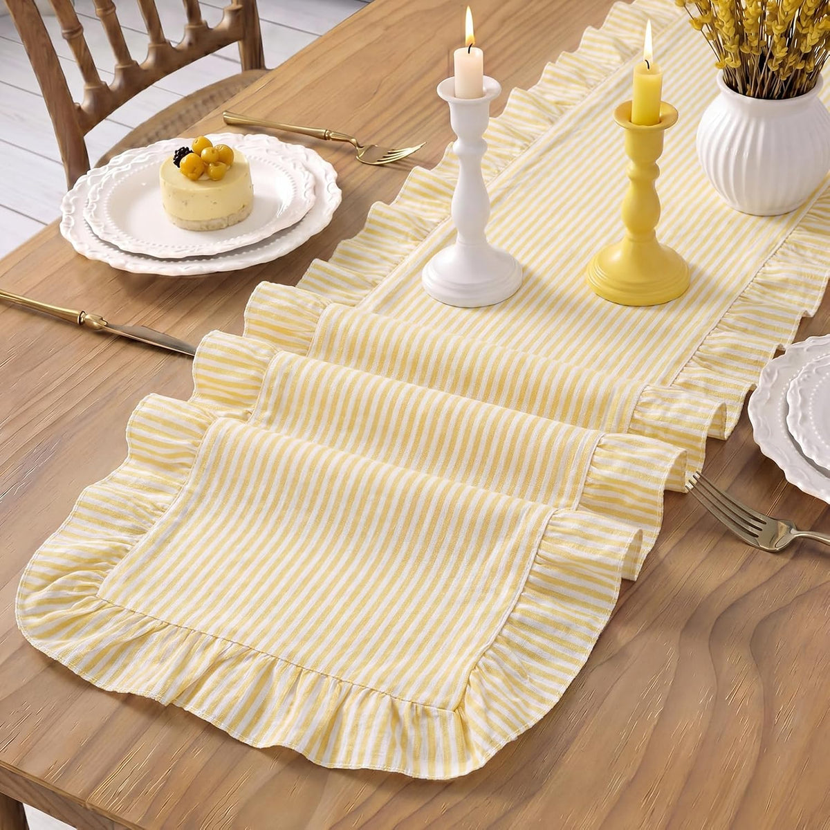 Ruffled Table Runner, Vertical Stripe Yellow, Natural Cotton