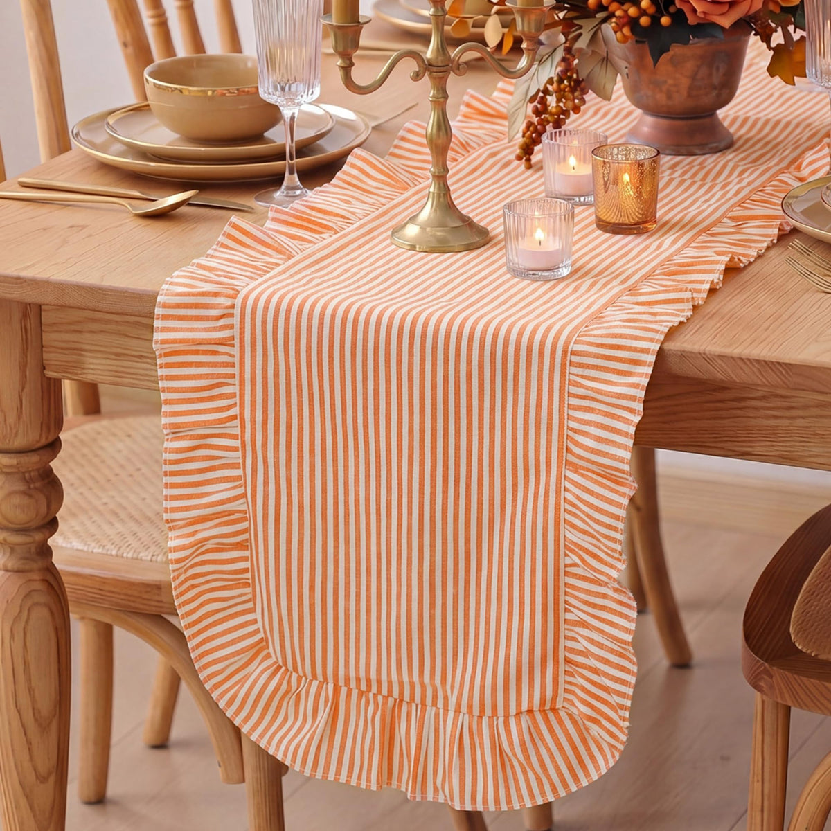 Ruffled Table Runner, Vertical Stripe Yellow, Natural Cotton