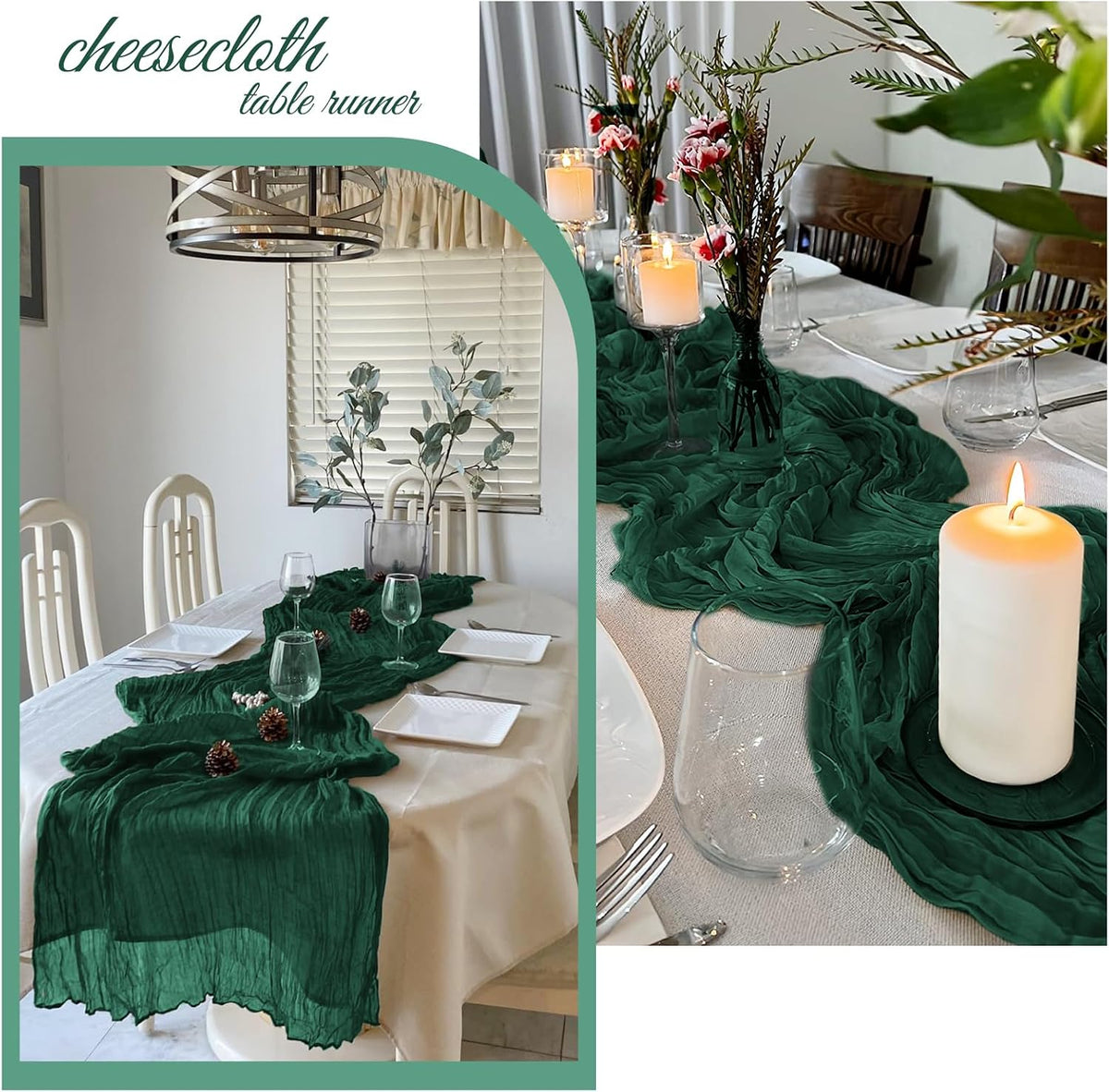 12 Pack Emerald Green Cheesecloth Table Runner 20 x 120 Inch Gauze Table Runner Fabric Semi Sheer Cheese Cloth Table Decor Bulk for Rustic Romantic Wedding Baby Shower Party Table Decoration