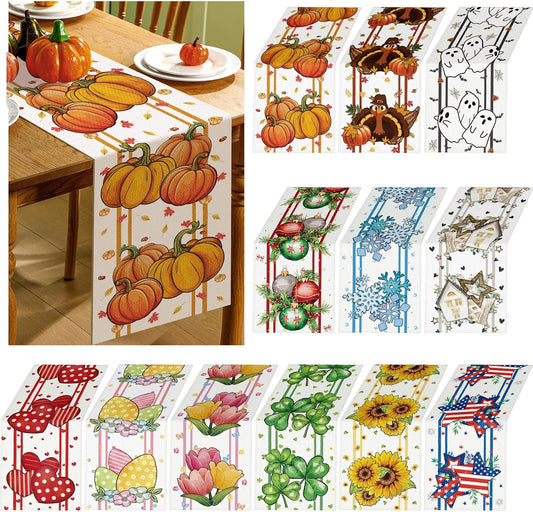 Honeydak 12 Pcs Holiday Table Runner Seasonal Farmhouse Table Decor 13 x 72 Inch Thanksgiving Christmas Decorations Fall Halloween for Home Party Dining Room Kitchen