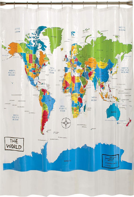 SKL Home The World Map Waterproof PEVA Shower Curtain, Clear/Multi