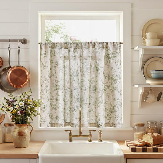 jinchan Floral Linen Kitchen Tier Curtains, 36 Inch, 2 Panels, Green