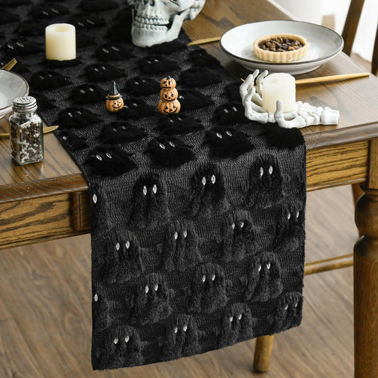 Artoid Mode Black Soft Faux Fur Ghost Halloween Table Runner 13x90 Inch
