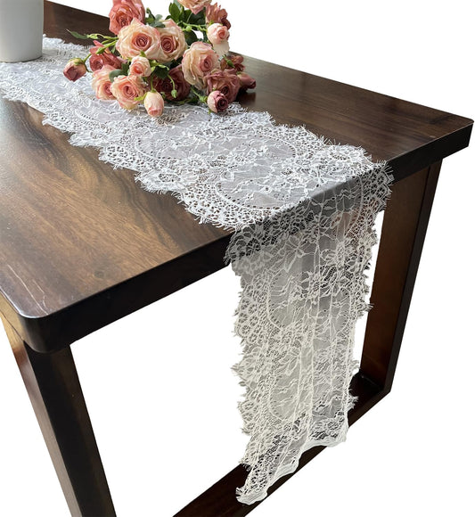 1 Pcs White Lace Table Runner 14 x 120 Inch Vintage Rustic Table Runner for Wedding Bridal Shower Baby Shower Party Decorations Embroidered Boho Lace Table Cloth Runners