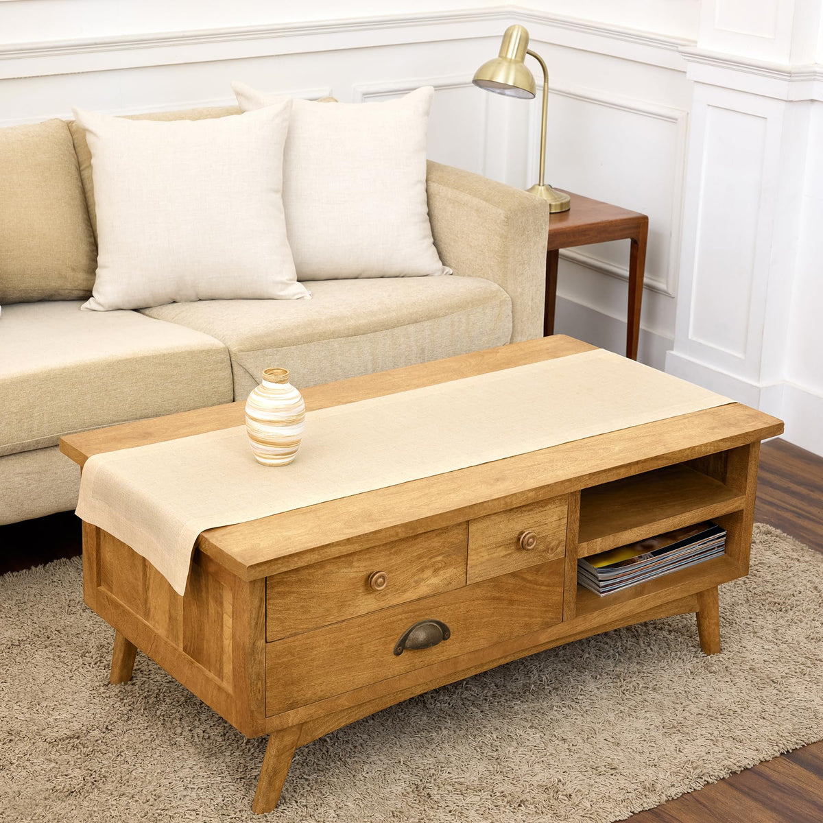 Solino Home 100% Pure Linen Table Runner Natural Long, Athena 14 x 108 in
