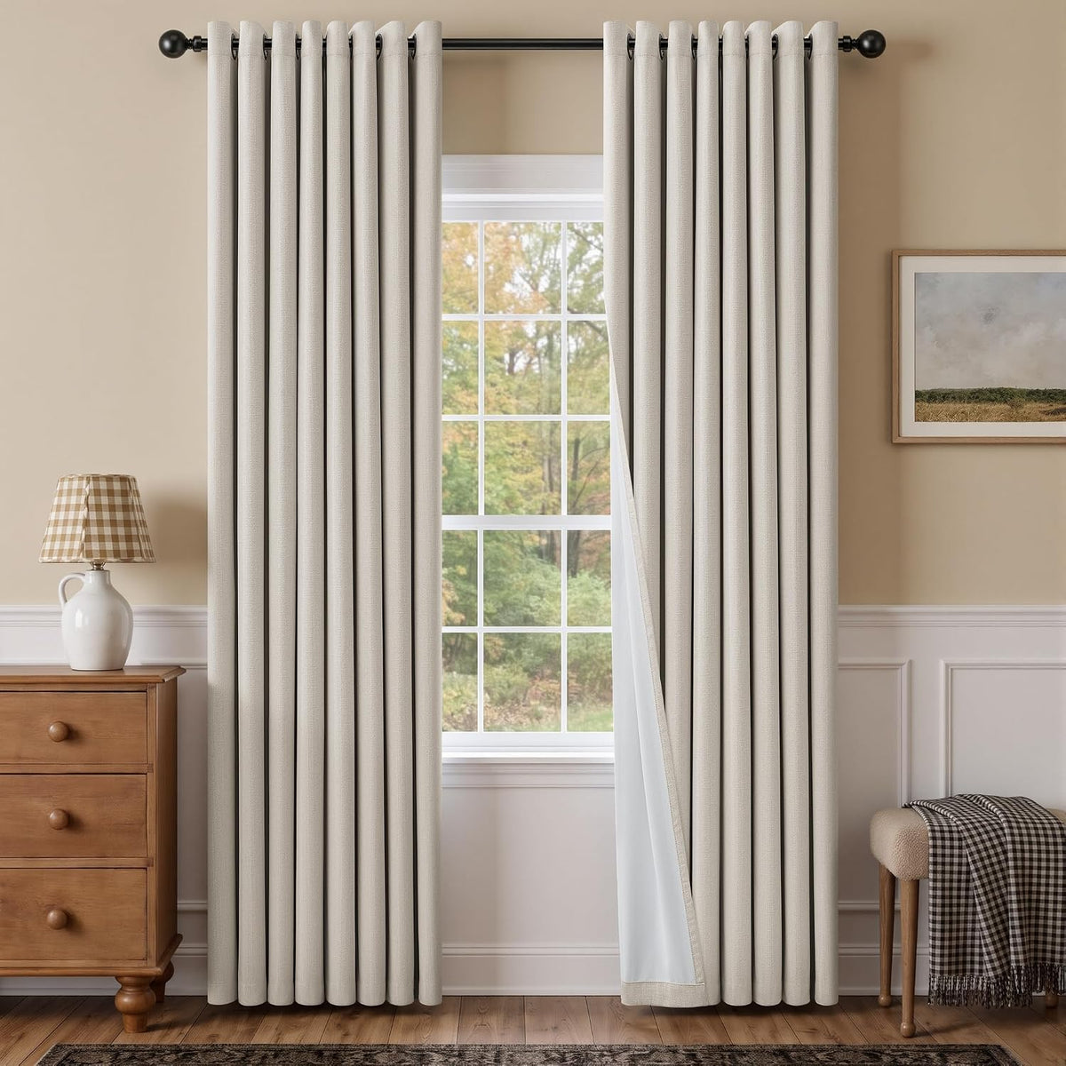 Natural Ivory 100% Blackout Grommet Linen Curtains 90 Inch Long 2 Panels
