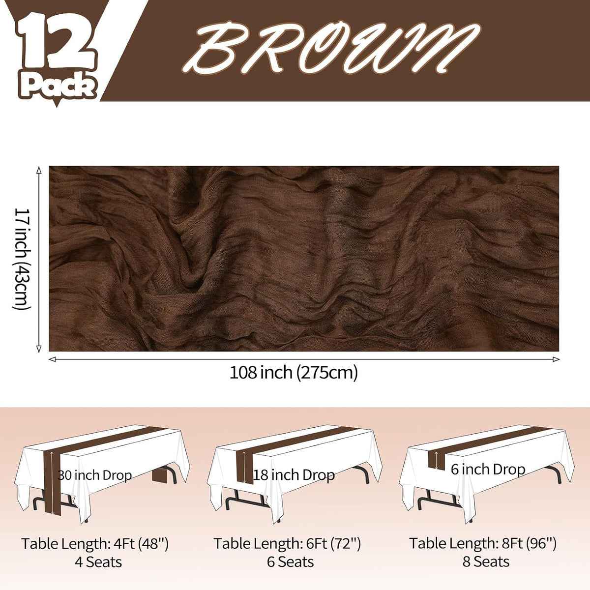 12 Pack Brown Table Runner 17 x 108 Inch Cheesecloth