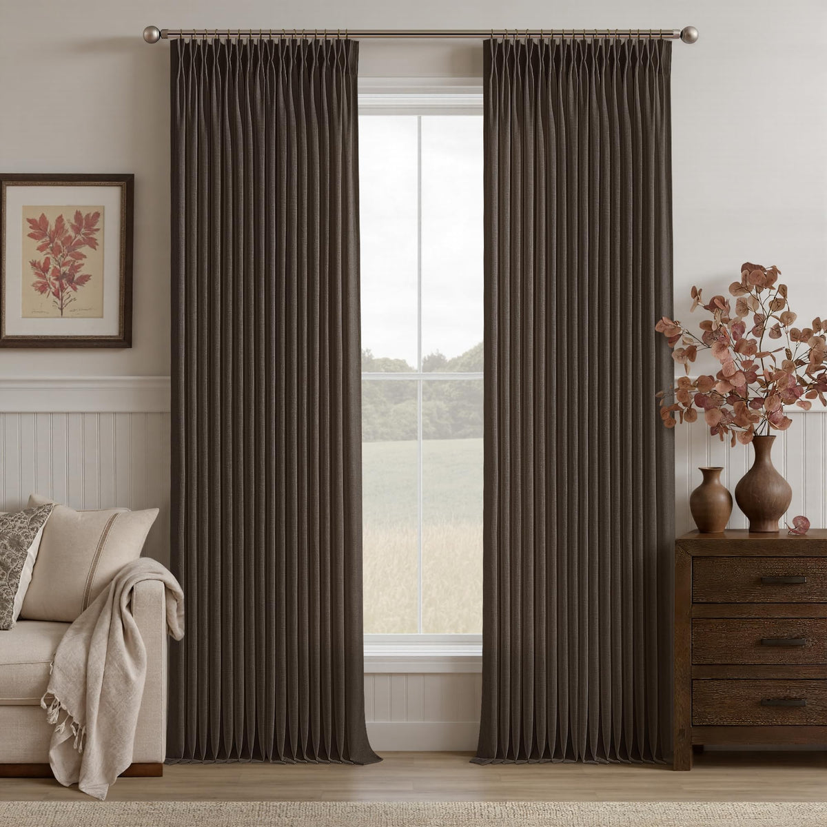 Natural Pinch Pleated Linen Blend Semi Sheer Window Curtains 90 Inches Long