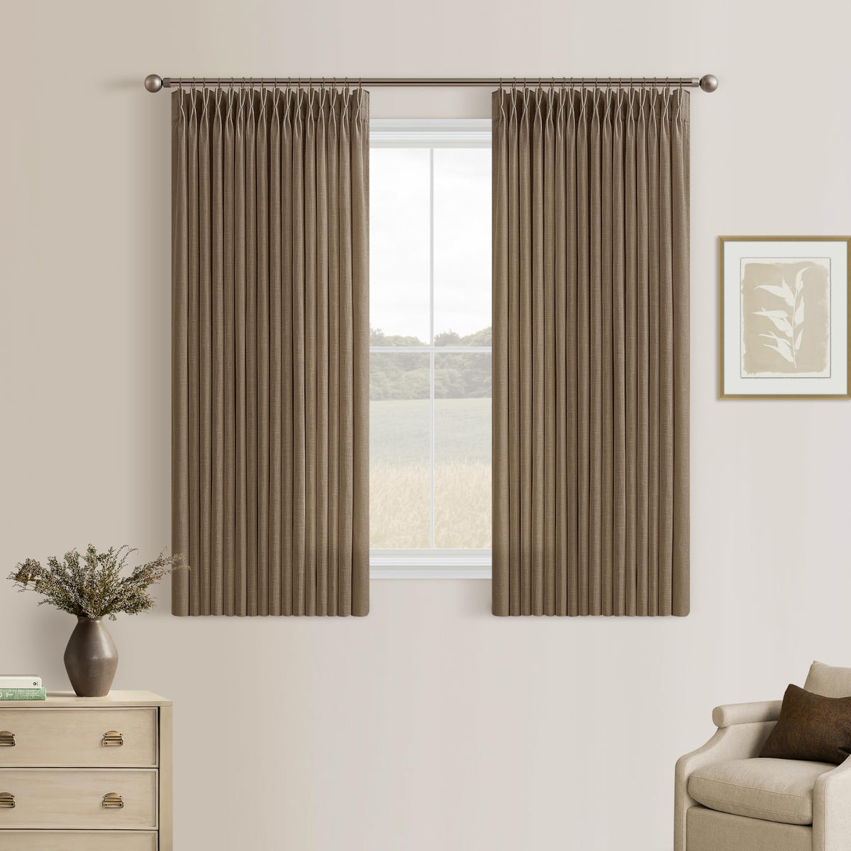 Natural Pinch Pleated Linen Blend Semi Sheer Window Curtains 90 Inches Long