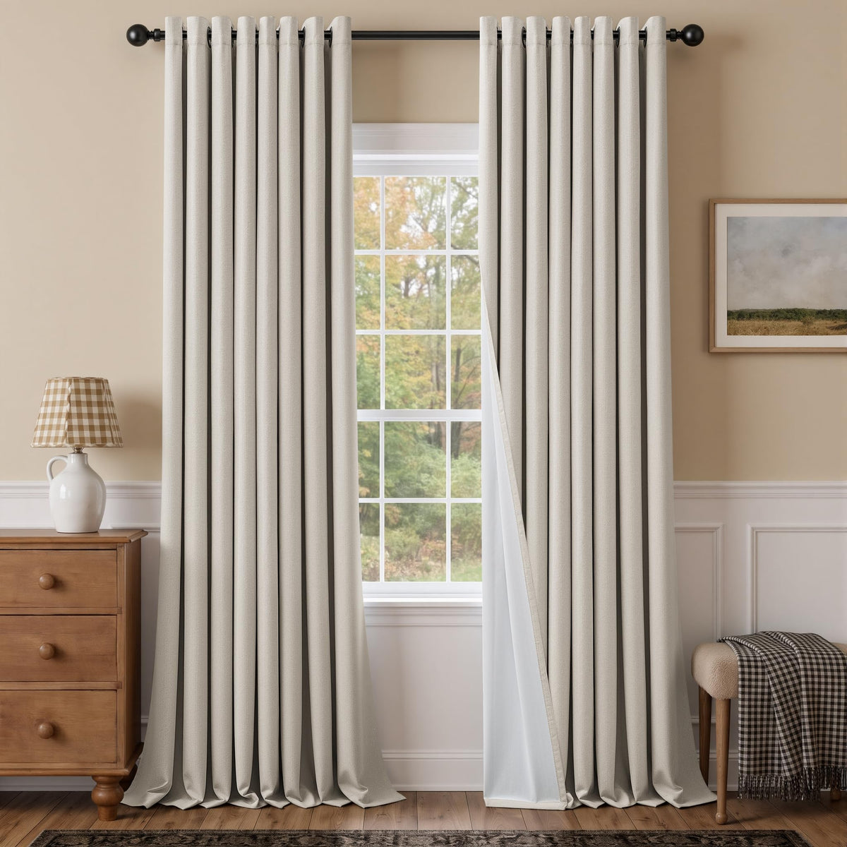 Natural Ivory 100% Blackout Grommet Linen Curtains 90 Inch Long 2 Panels