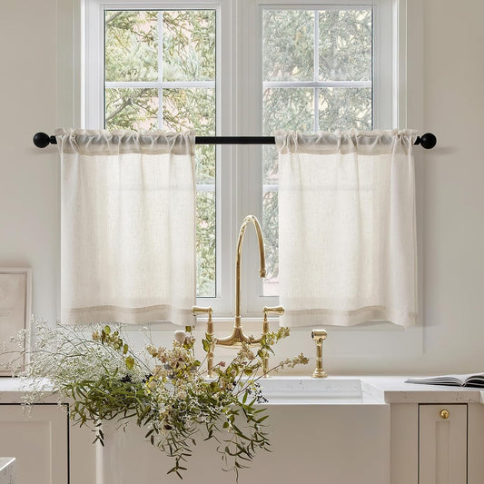CUTEWIND Cream Linen Cafe Curtains 24 inch Length 2 Panel Set Rod Pocket Farmhouse Short Kitchen Window Curtains Over Sink Light Filtering Semi Sheer Small Window Drapes for Bathroom Camper W26xL24