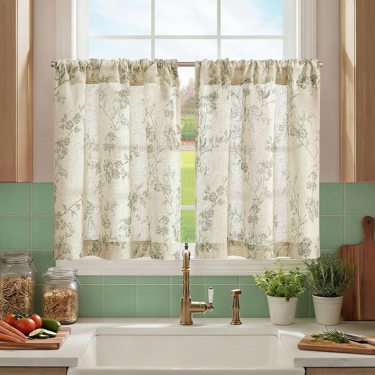 jinchan Floral Linen Kitchen Tier Curtains, 36 Inch, 2 Panels, Green