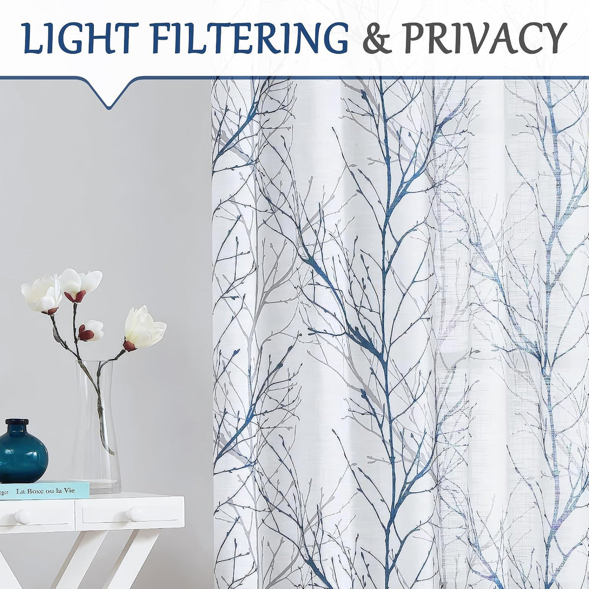 FMFUNCTEX Linen Blue White Semi Sheer Print Curtains 84 Inch Long 2 Panels