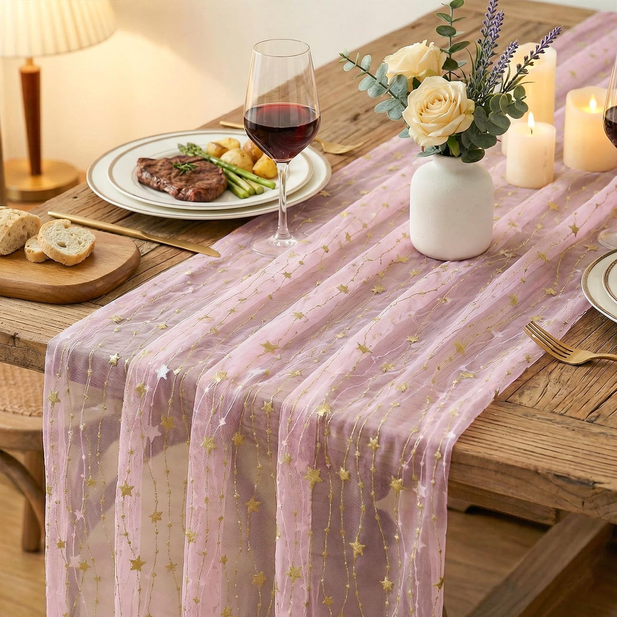 Artoid Mode Stars Pink Gauze Table Runner 10FT, Glitter Metallic Foil Sheer Dining Wedding Anniversary Holiday Birthday Table Decor for Home Party