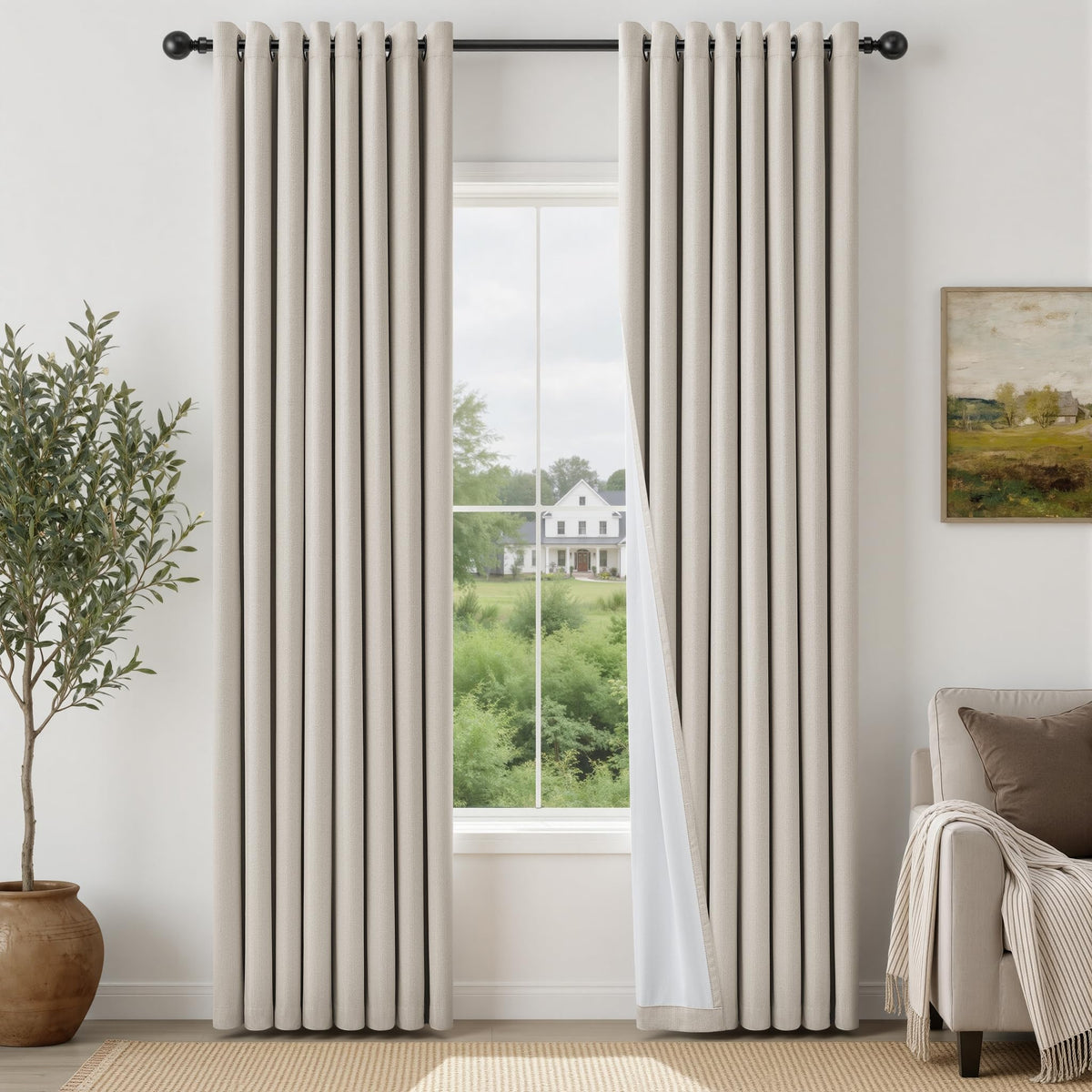 Natural Ivory 100% Blackout Grommet Linen Curtains 90 Inch Long 2 Panels