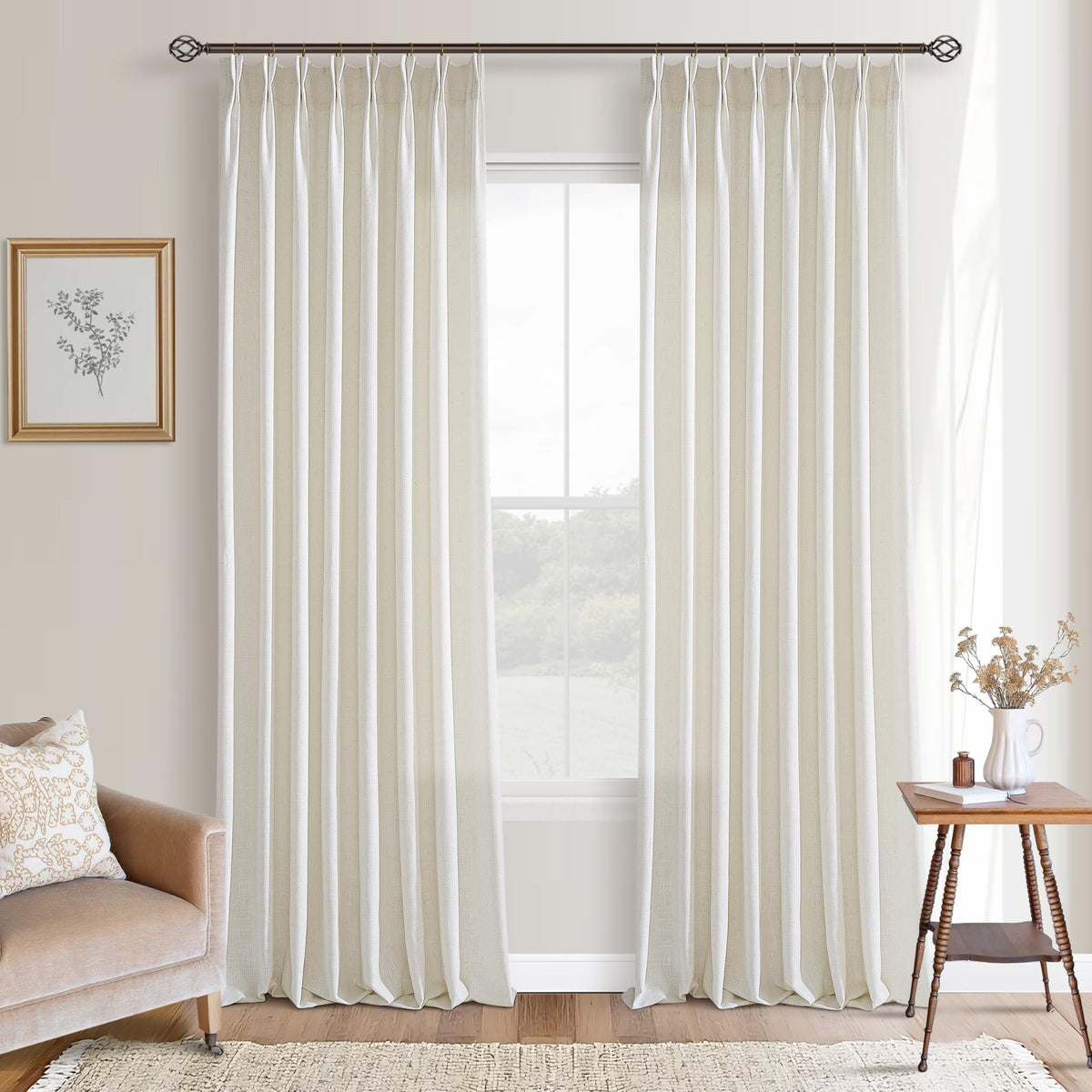 Natural Pinch Pleated Linen Blend Semi Sheer Window Curtains 90 Inches Long