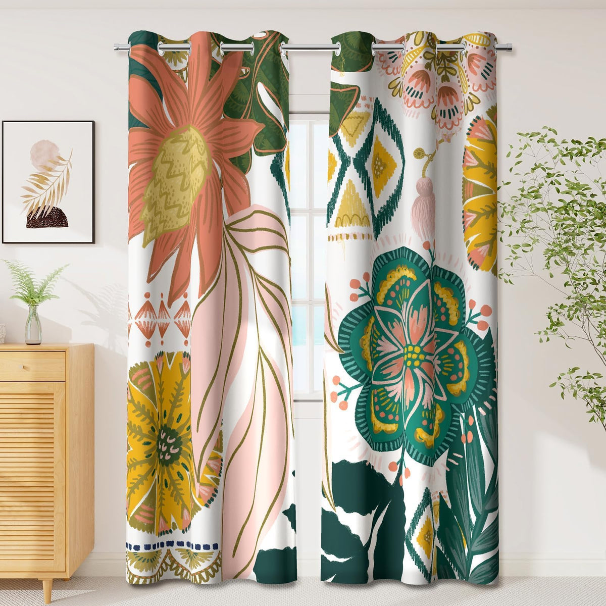 Tyrot Black Boho Floral Grommet Blackout Curtains, 52W x 84L, 2 Panels