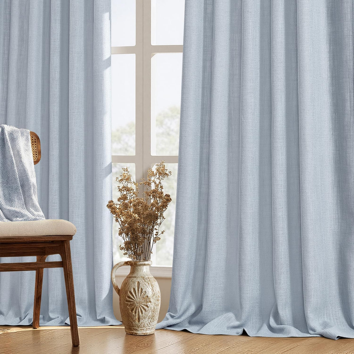 MIULEE Thick Linen Curtains 96 Inches Long Light Blue Semi Sheer for Farmhouse/Living Room/Bedroom, Linen Textured Light Filtering Window Privacy Drapes with Back Tab Rod Pocket, 42Wx96L, Set of 2